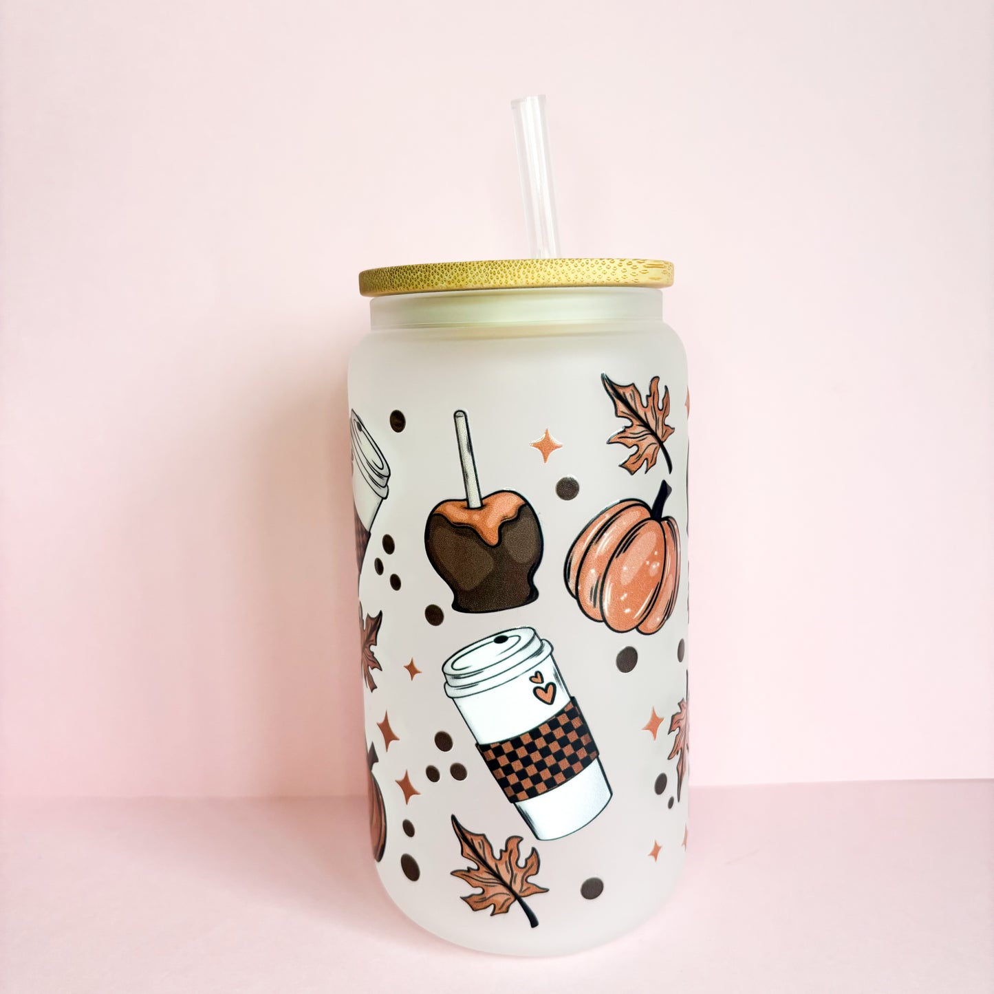 16oz Autumn Glass Can Tumbler with Bamboo Lid & Straw