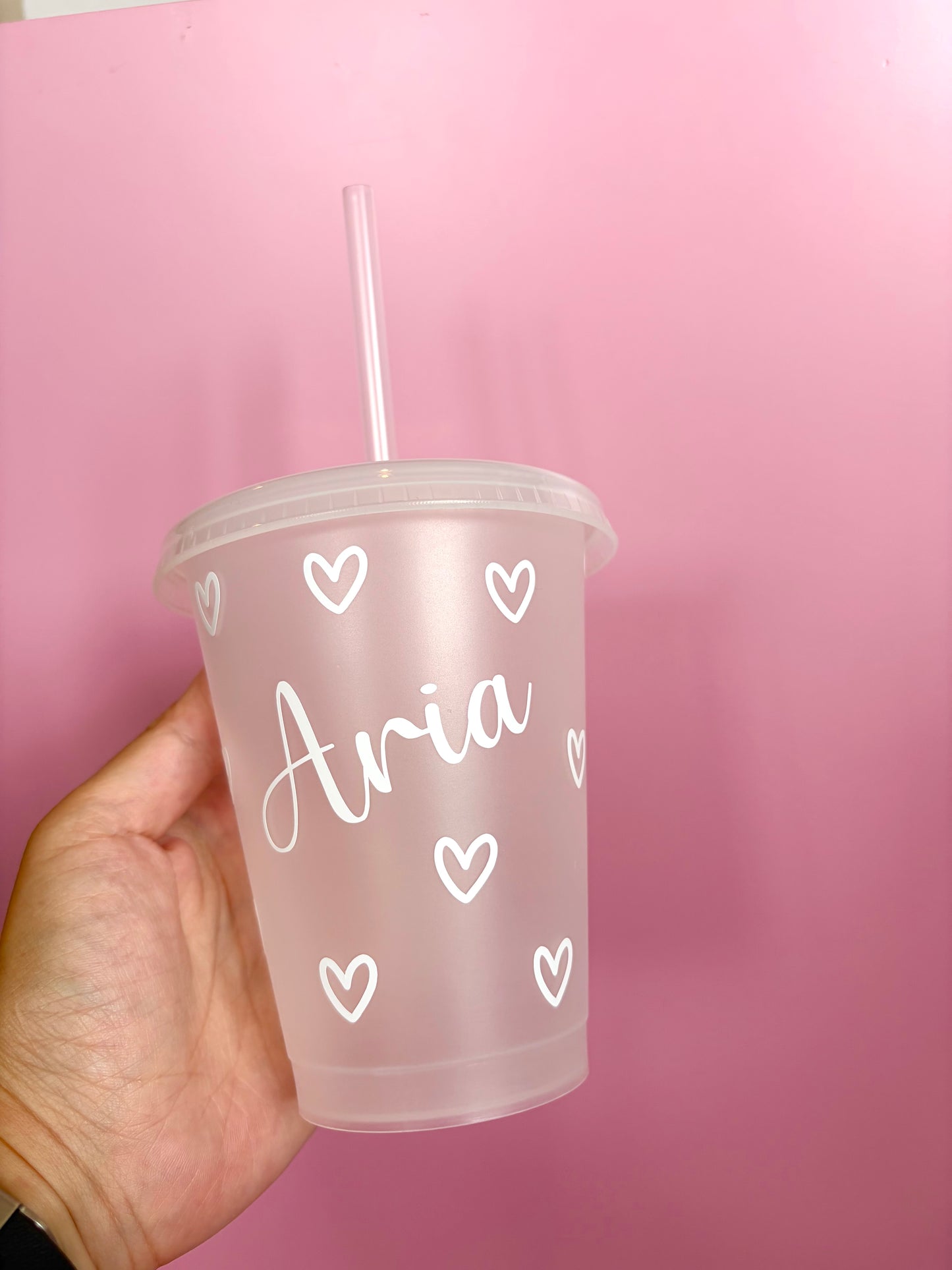 Personalised Children's Cup with Hearts | Kids Custom Cold Cup with Lid & Straw