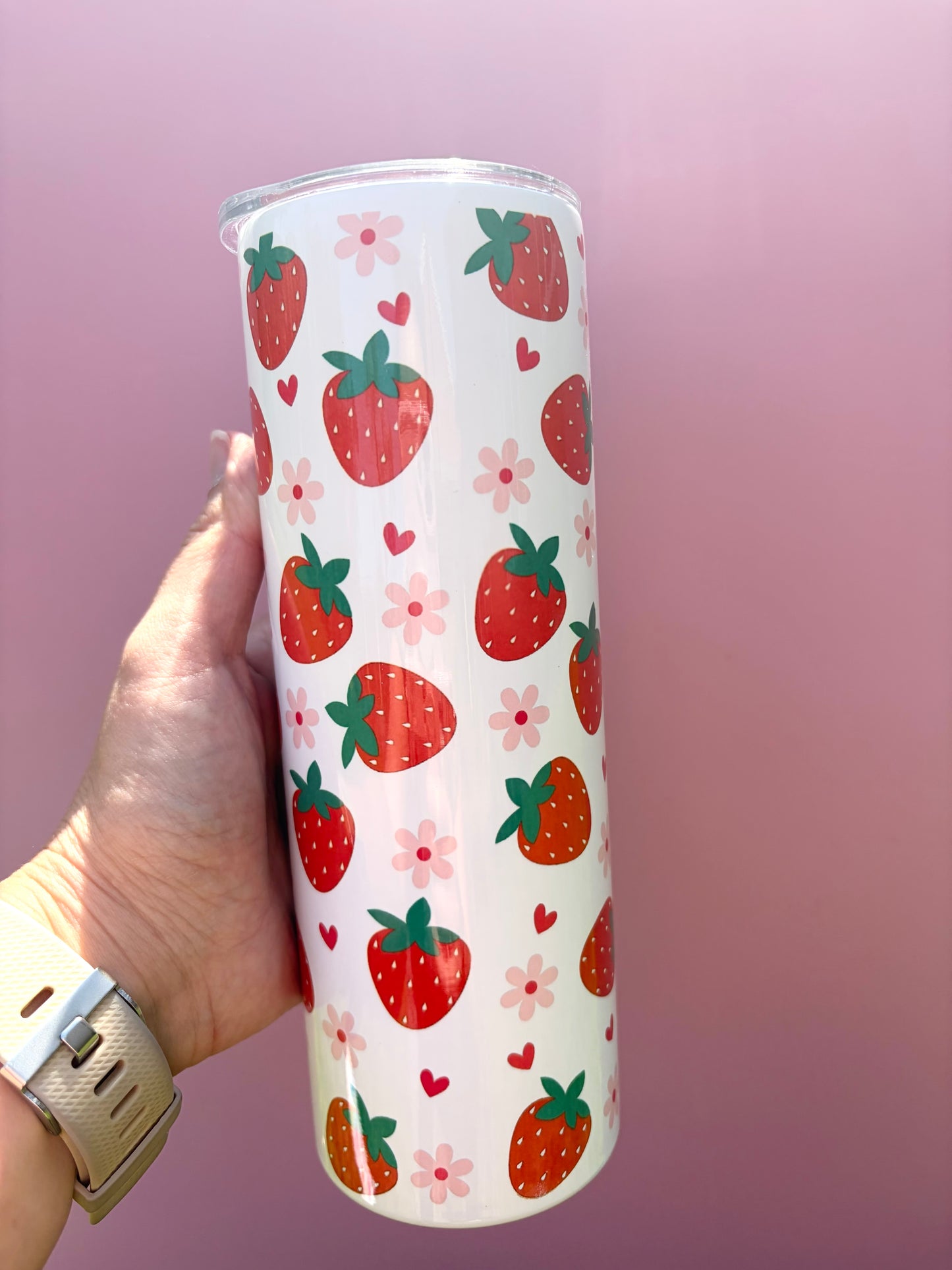 Strawberry & Floral 20oz Metal Tumbler with Lid & Straw | Hot & Cold Insulated