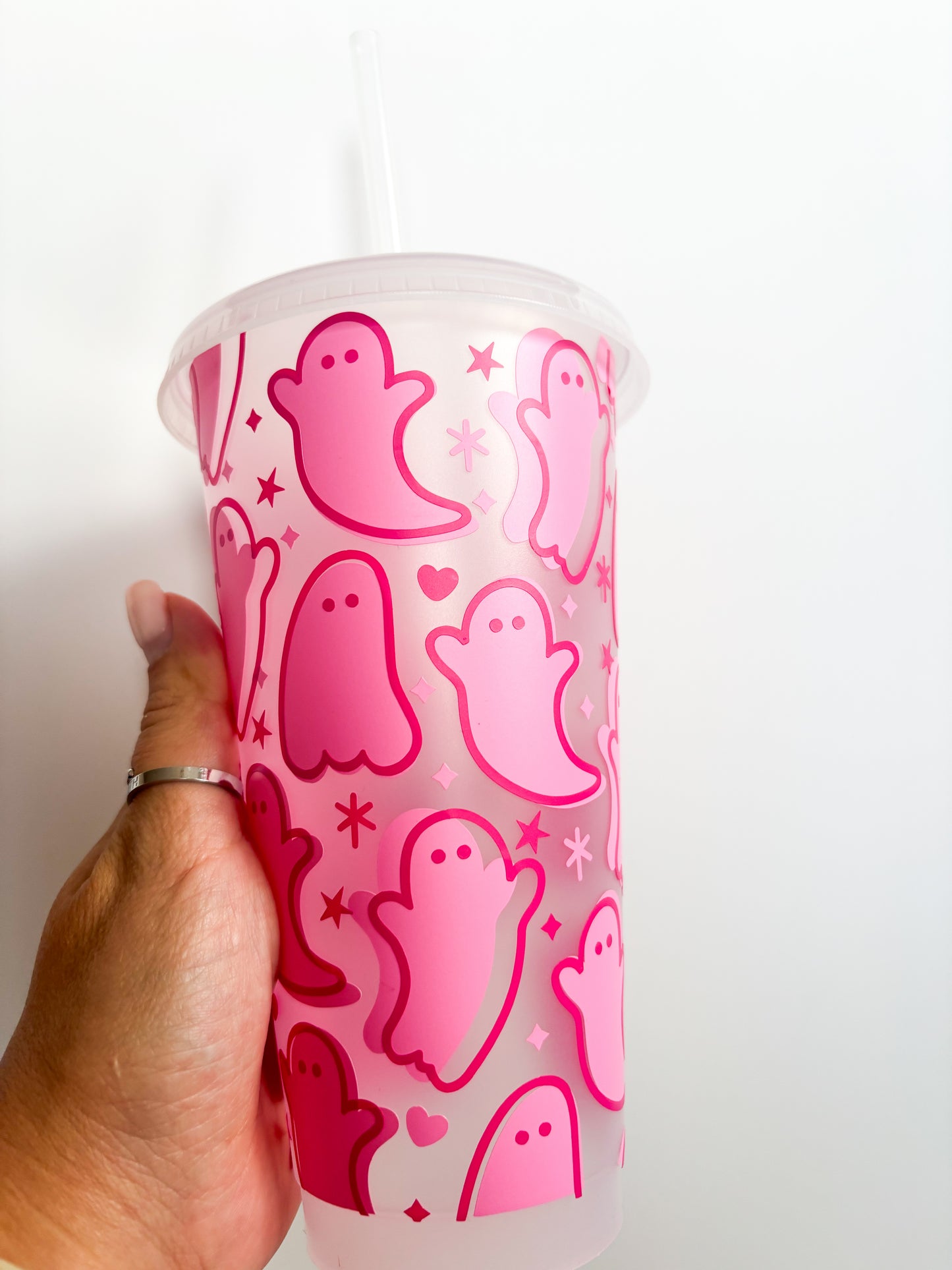 Reusable Halloween Pink Ghosts Cold Cup | 24oz Iced Coffee Cup with Lid & Straw