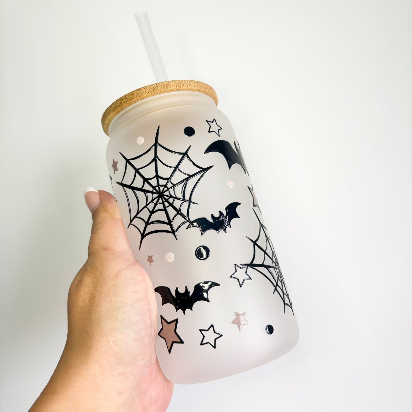 16oz Reusable autumn and halloween spooky glass can with bamboo lid and straw