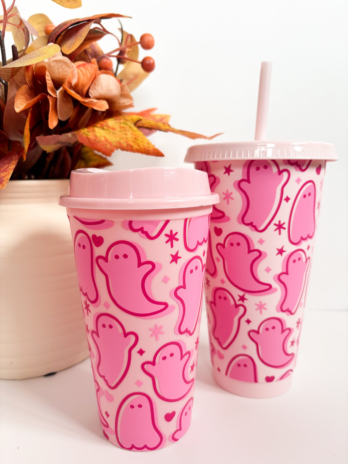 Reusable Halloween Pink Ghosts Hot Cup | 16oz Eco-Friendly Travel Mug