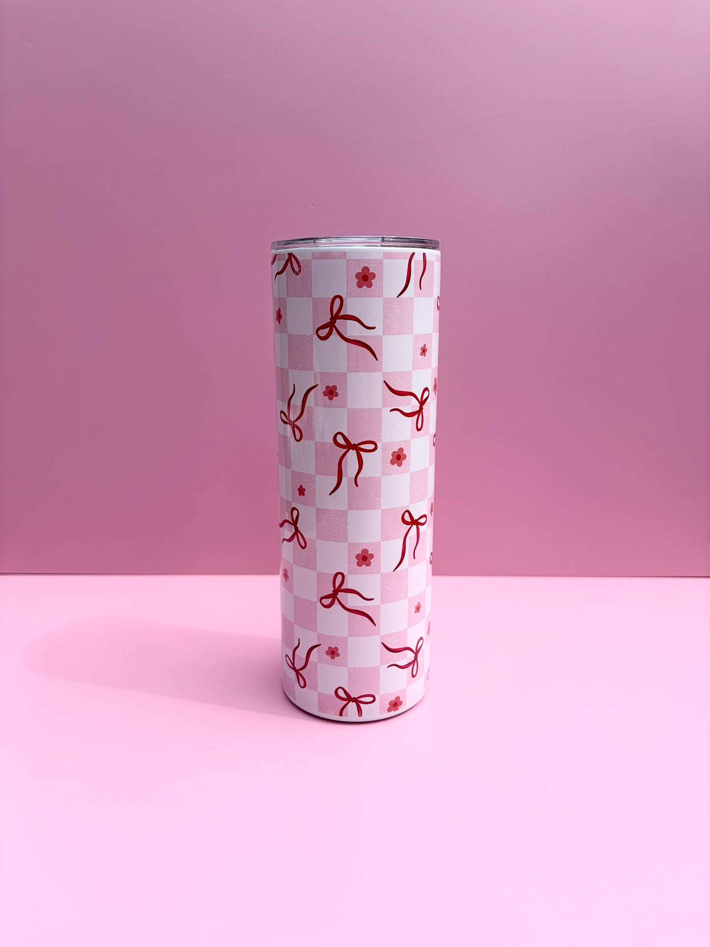 20oz cute pink chequered bows insulated metal tumbler
