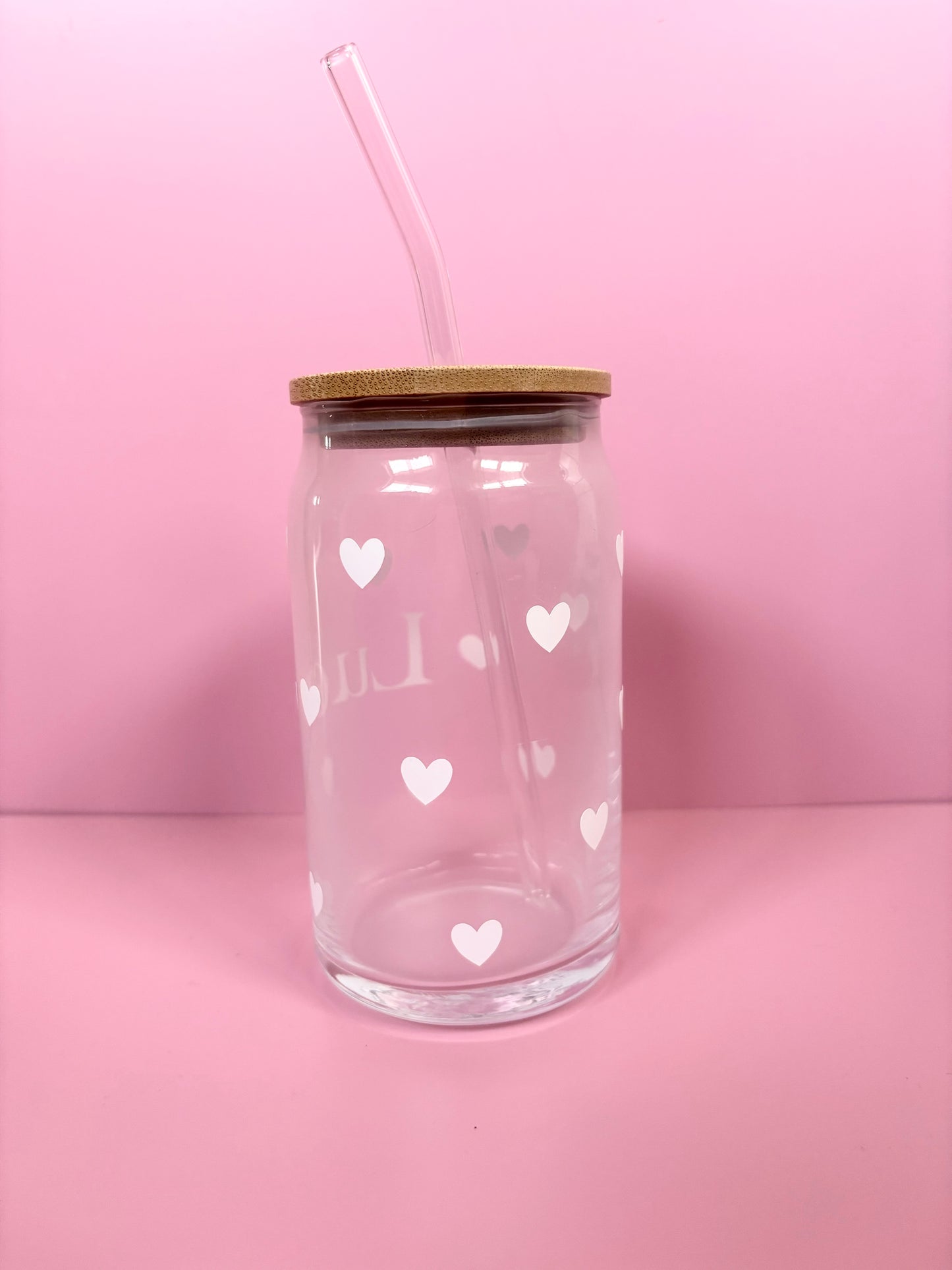 Personalised Glass Can 16oz with Bamboo Lid & Straw - Custom Hearts Design