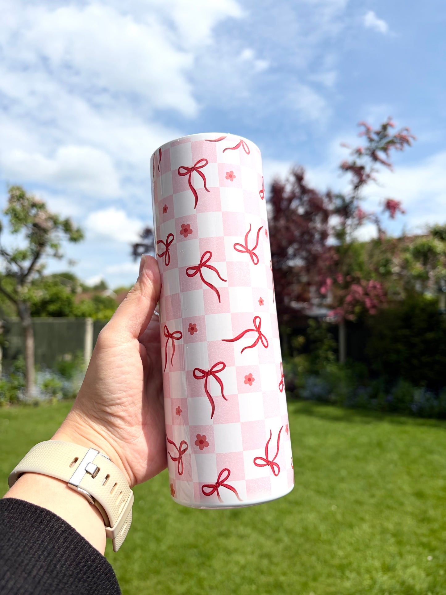 20oz cute pink chequered bows insulated metal tumbler