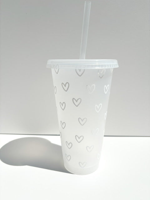 24oz Reusable Cold Coffee Cup with Hearts - Tumbler with Lid and Straw