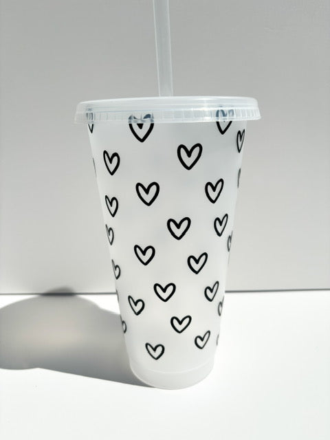 24oz Reusable Cold Coffee Cup with Hearts - Tumbler with Lid and Straw