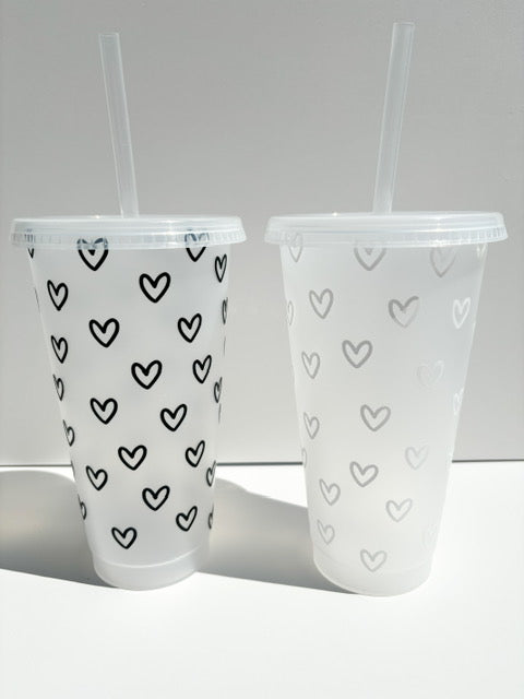24oz Reusable Cold Coffee Cup with Hearts - Tumbler with Lid and Straw