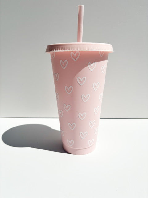 24oz Reusable Cold Coffee Cup with Hearts - Tumbler with Lid and Straw