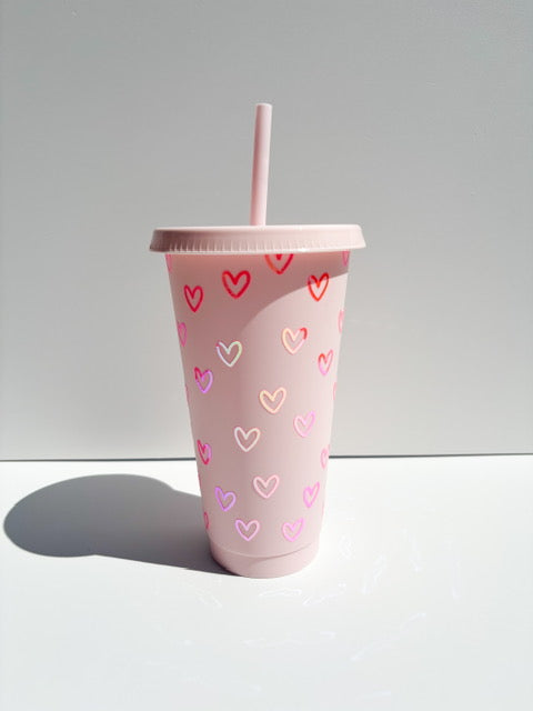24oz Reusable Cold Coffee Cup with Hearts - Tumbler with Lid and Straw