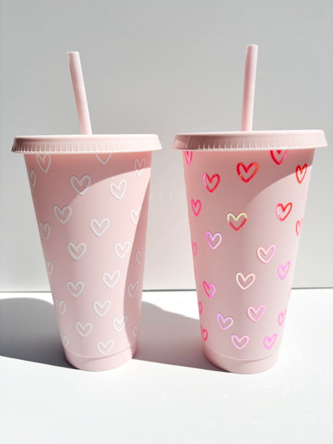 24oz Reusable Cold Coffee Cup with Hearts - Tumbler with Lid and Straw