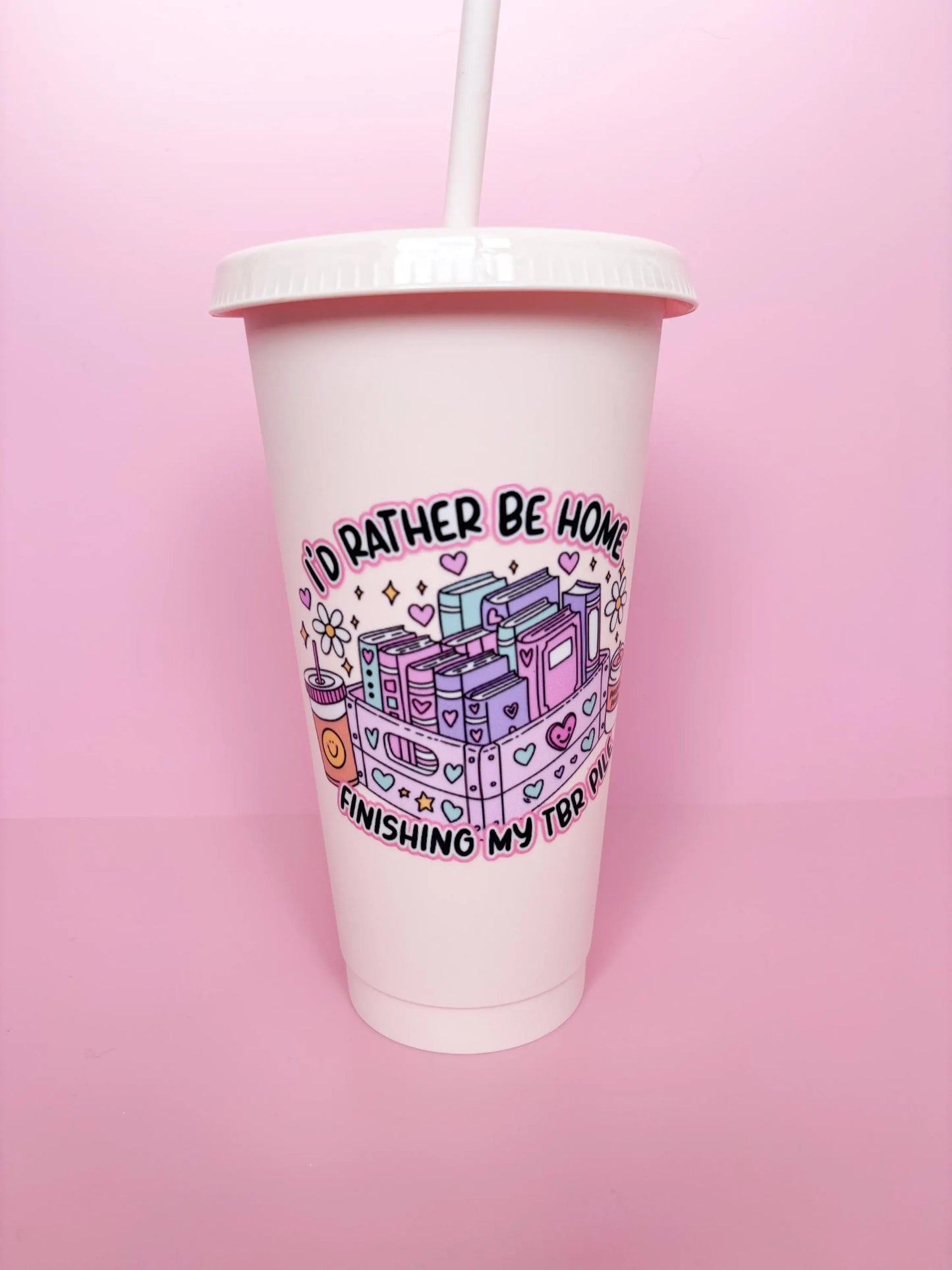 24oz Bookish Reusable Cold Cup - 'I'd Rather Be Finishing My TBR Pile' Tumbler with Lid and Straw