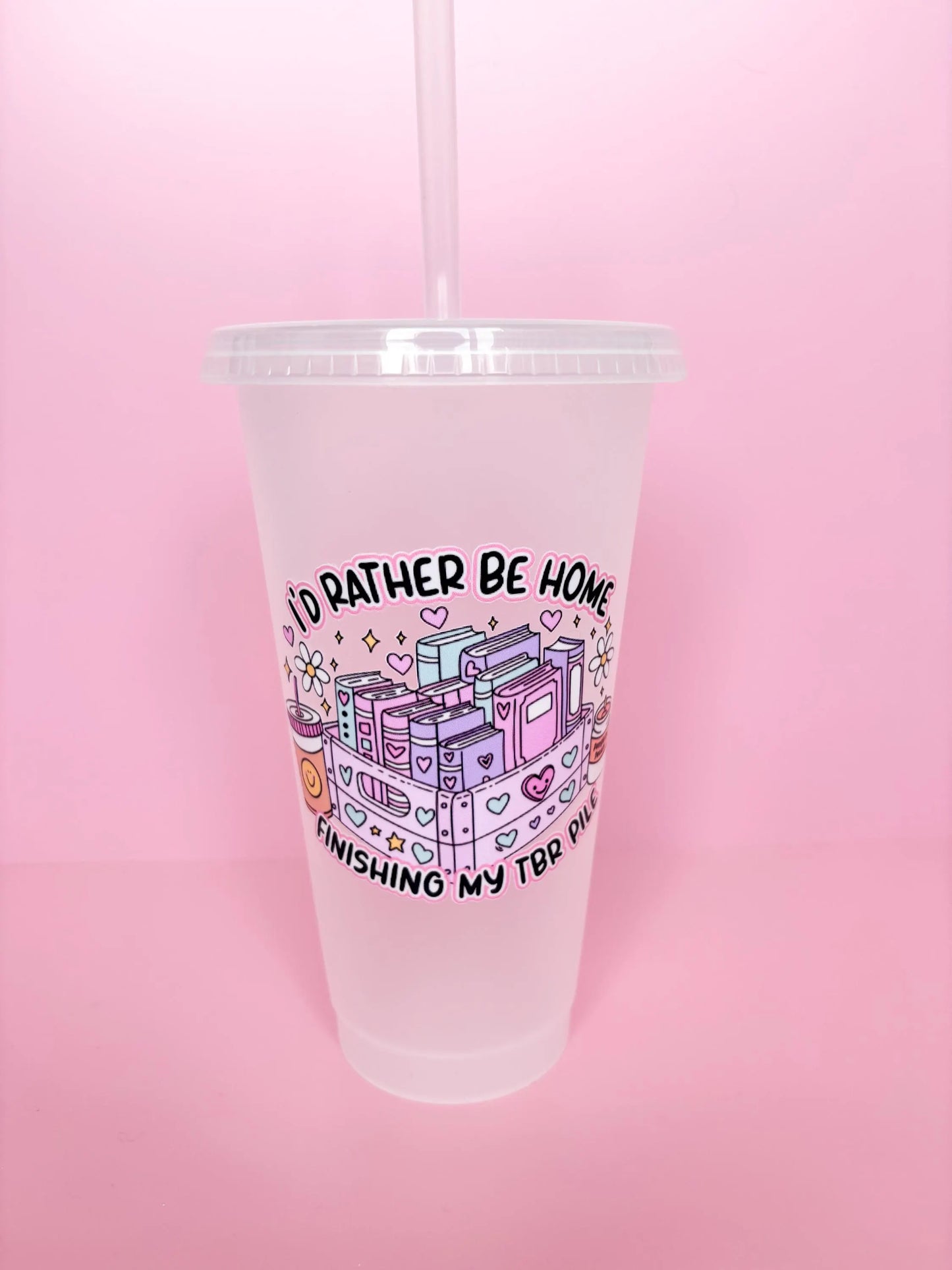 24oz Bookish Reusable Cold Cup - 'I'd Rather Be Finishing My TBR Pile' Tumbler with Lid and Straw