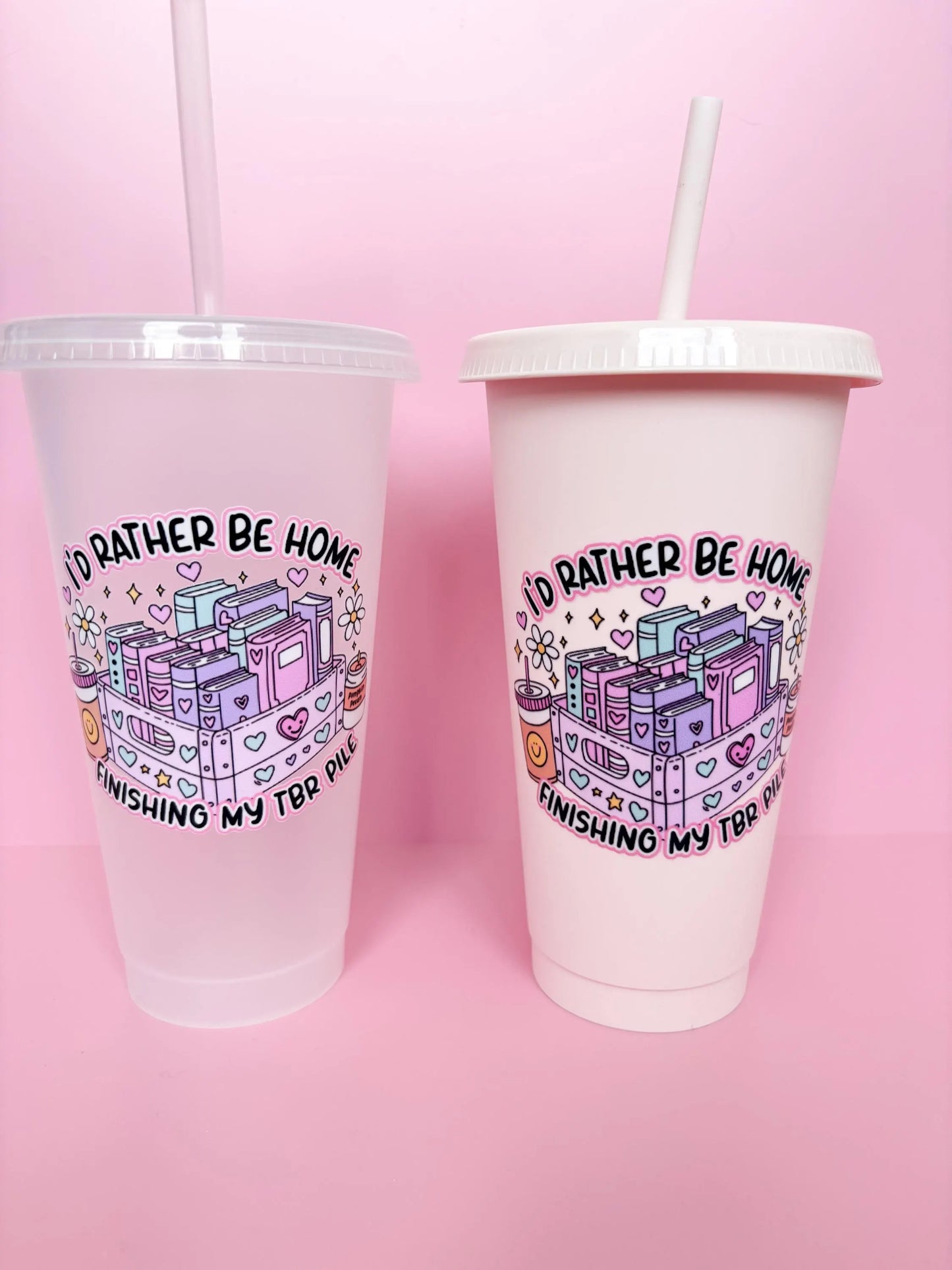 24oz Bookish Reusable Cold Cup - 'I'd Rather Be Finishing My TBR Pile' Tumbler with Lid and Straw