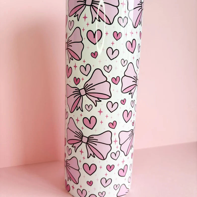 20oz Metal Tumbler with cute Pink Bows and hearts