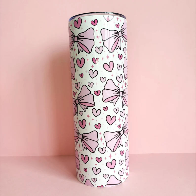 20oz Metal Tumbler with cute Pink Bows and hearts
