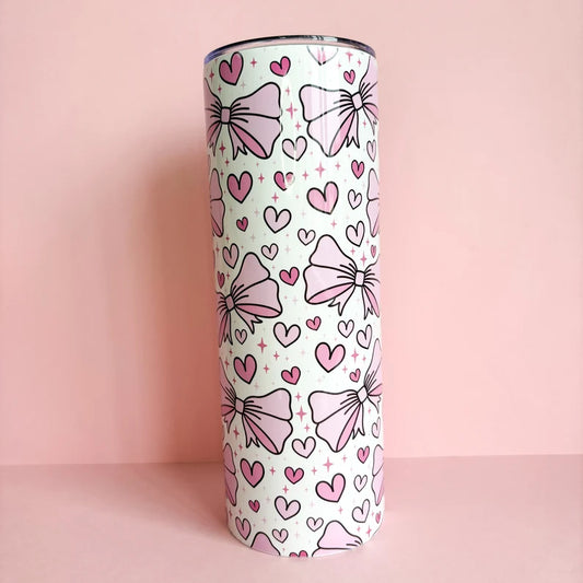 20oz Metal Tumbler with cute Pink Bows and hearts