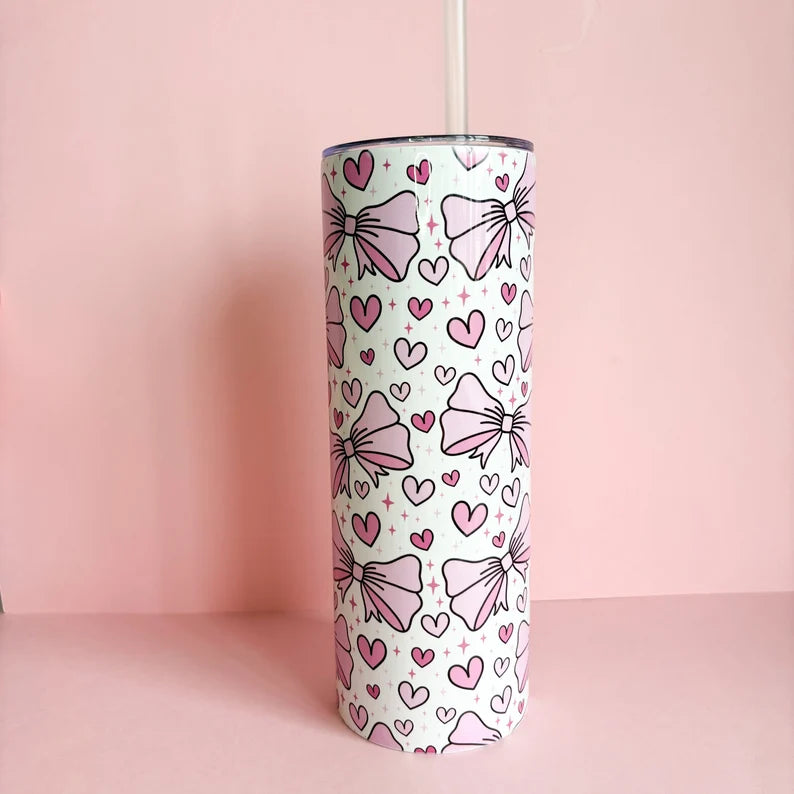 20oz Metal Tumbler with cute Pink Bows and hearts
