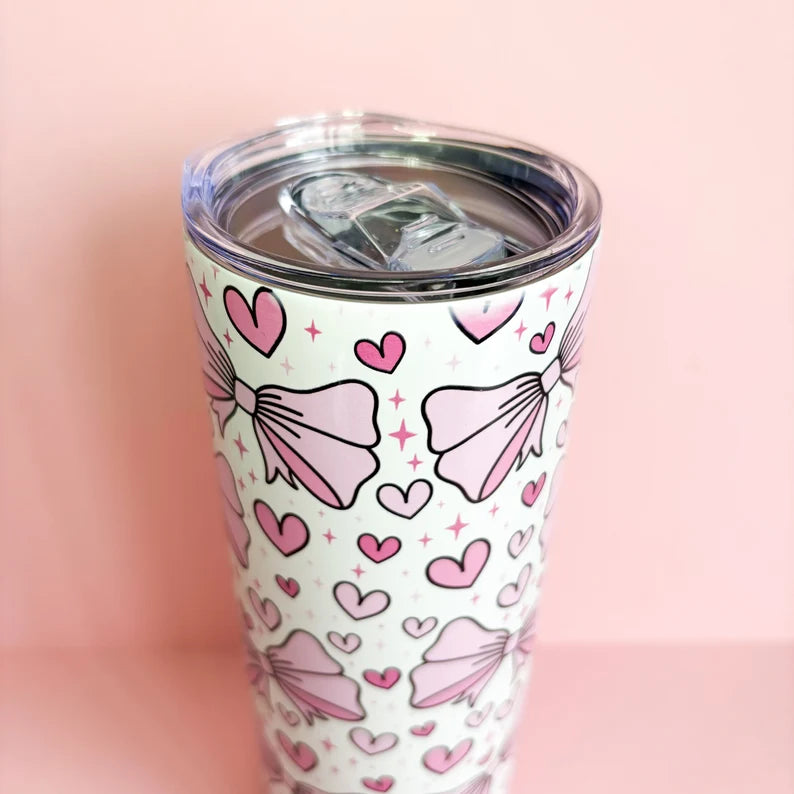 20oz Metal Tumbler with cute Pink Bows and hearts