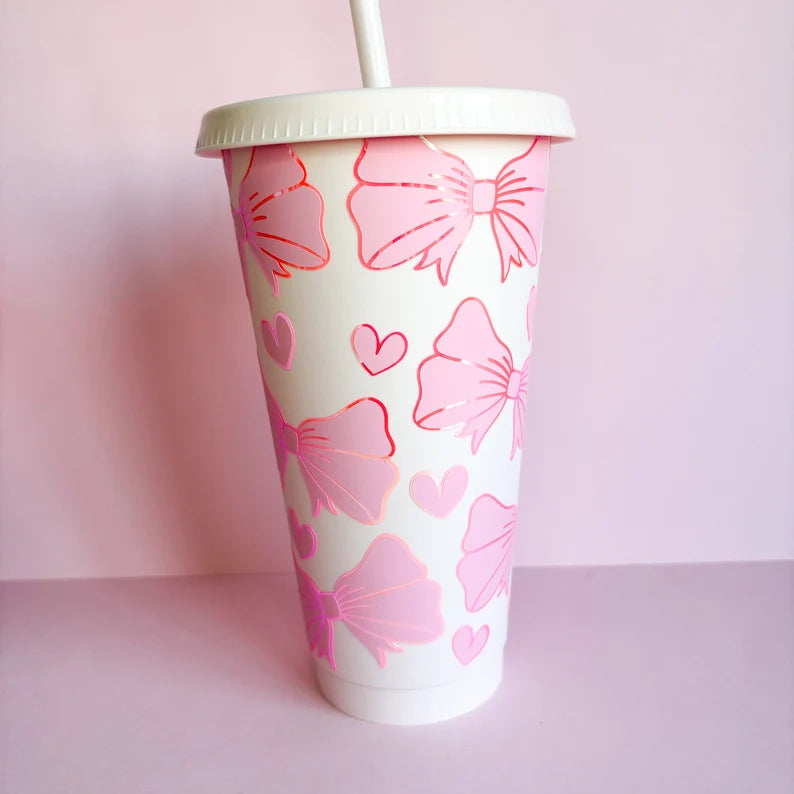Reusable cold cup with bows, cute drinkware, iced coffee cup, eco friendly  coffee cup, travel mug, tumbler with lid and straw