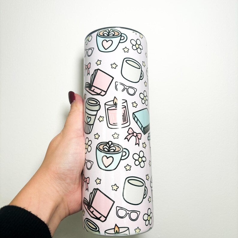 20oz Books and Coffee Stainless Steel Tumbler - Insulated Travel Mug with Lid and Straw