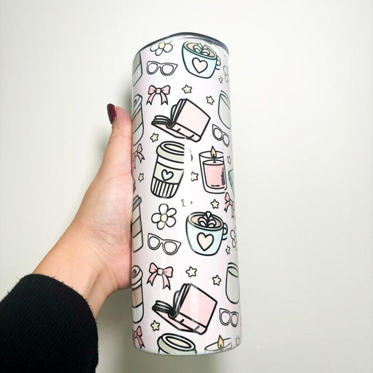 20oz Books and Coffee Stainless Steel Tumbler - Insulated Travel Mug with Lid and Straw