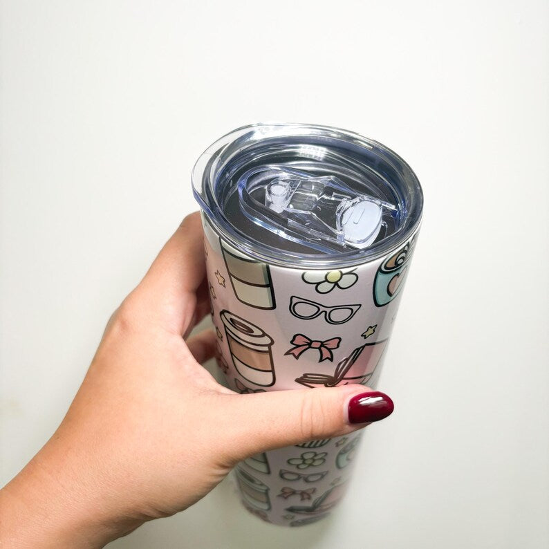 20oz Books and Coffee Stainless Steel Tumbler - Insulated Travel Mug with Lid and Straw