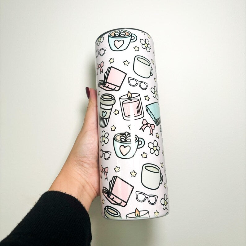 20oz Books and Coffee Stainless Steel Tumbler - Insulated Travel Mug with Lid and Straw