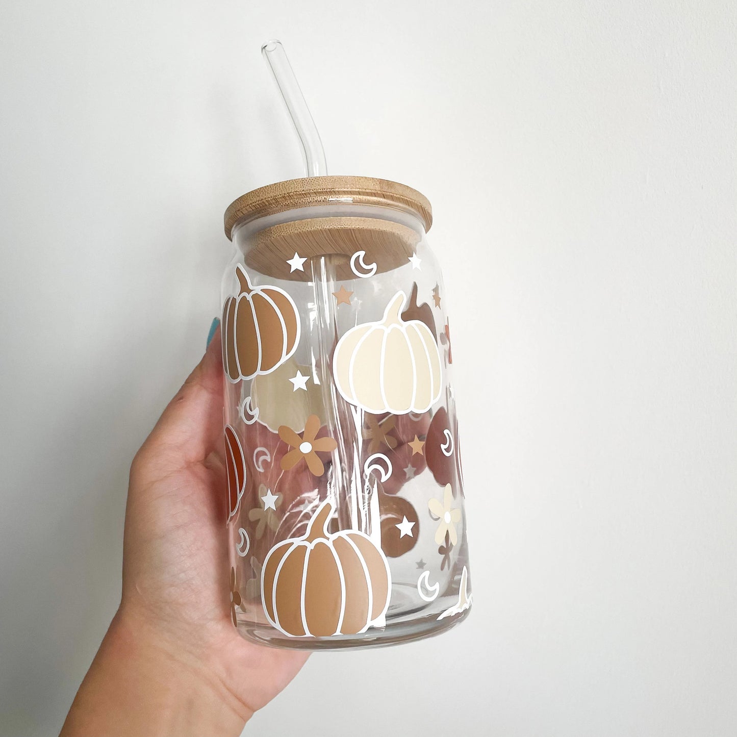 Autumn Pumpkins Glass Can - 16oz Reusable Cup with Bamboo Lid