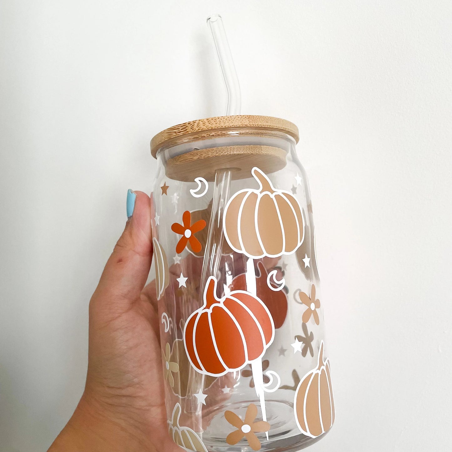 Autumn Pumpkins Glass Can - 16oz Reusable Cup with Bamboo Lid