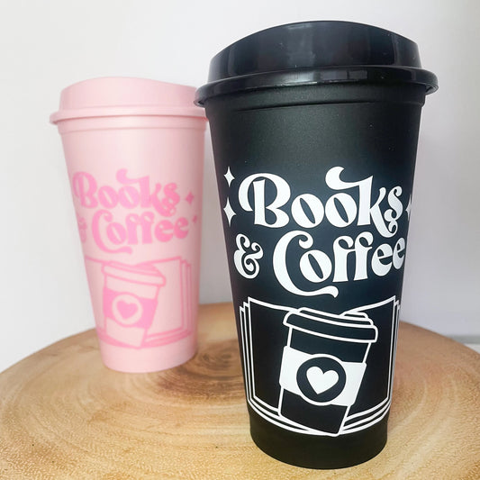 Book Lover's Reusable Hot Cup, Coffee and Books Themed Travel Mug, Eco Friendly Coffee Mug, Coffee cup with lid, Bookish flask