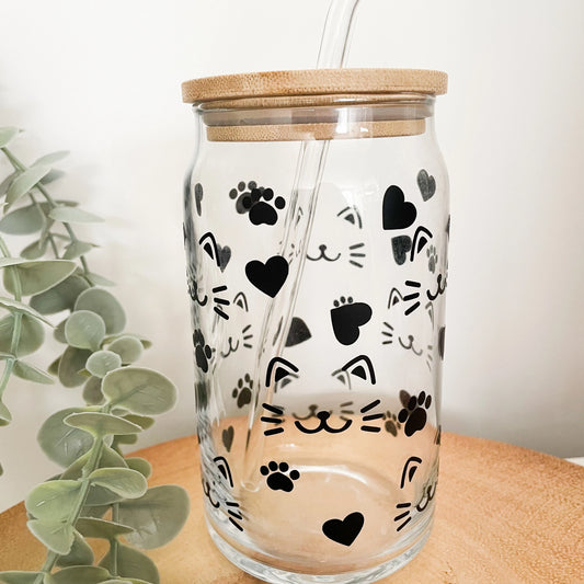 Cat Glass Can - 16oz Reusable Cup with Bamboo Lid & Straw
