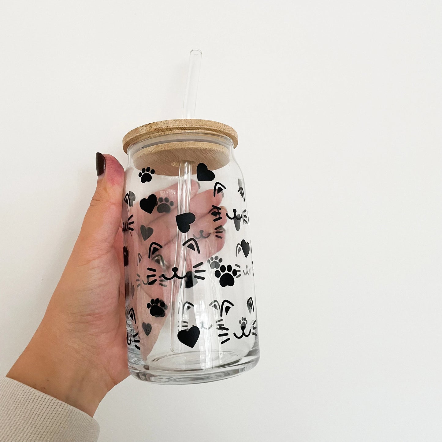 Cat Glass Can - 16oz Reusable Cup with Bamboo Lid & Straw