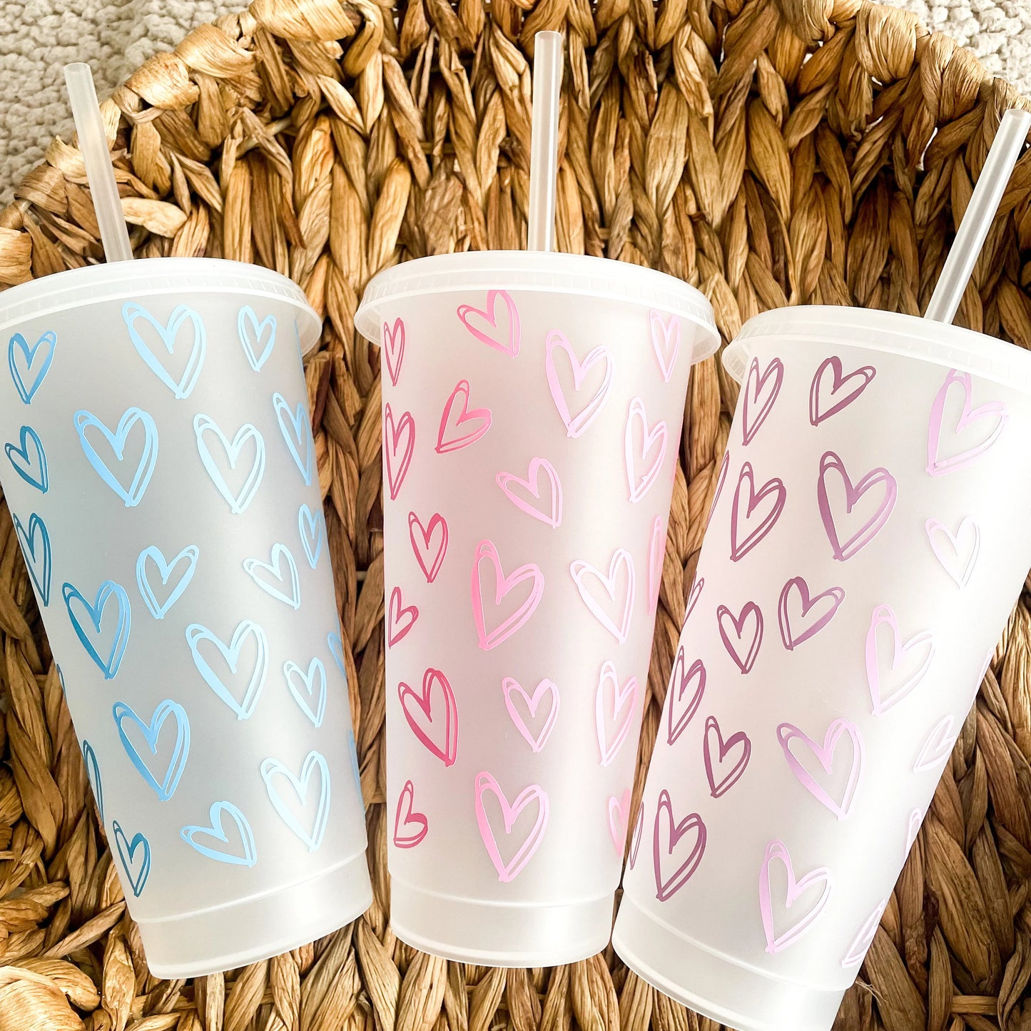 Reusable Cold Cup with pink hearts, Iced coffee cup, tumbler with lid and straw, Coffee mug with hearts, Custom drinkware, gift for her