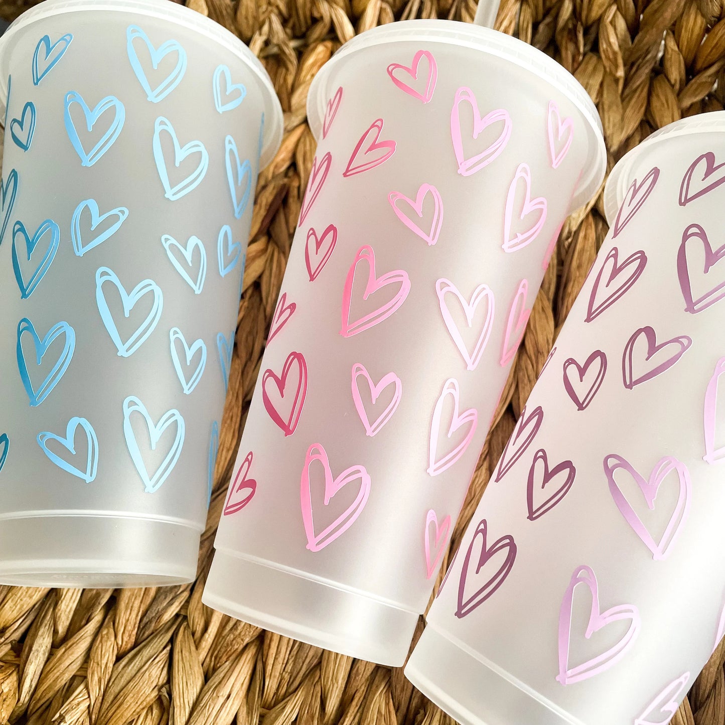 Reusable Cold Cup with pink hearts, Iced coffee cup, tumbler with lid and straw, Coffee mug with hearts, Custom drinkware, gift for her