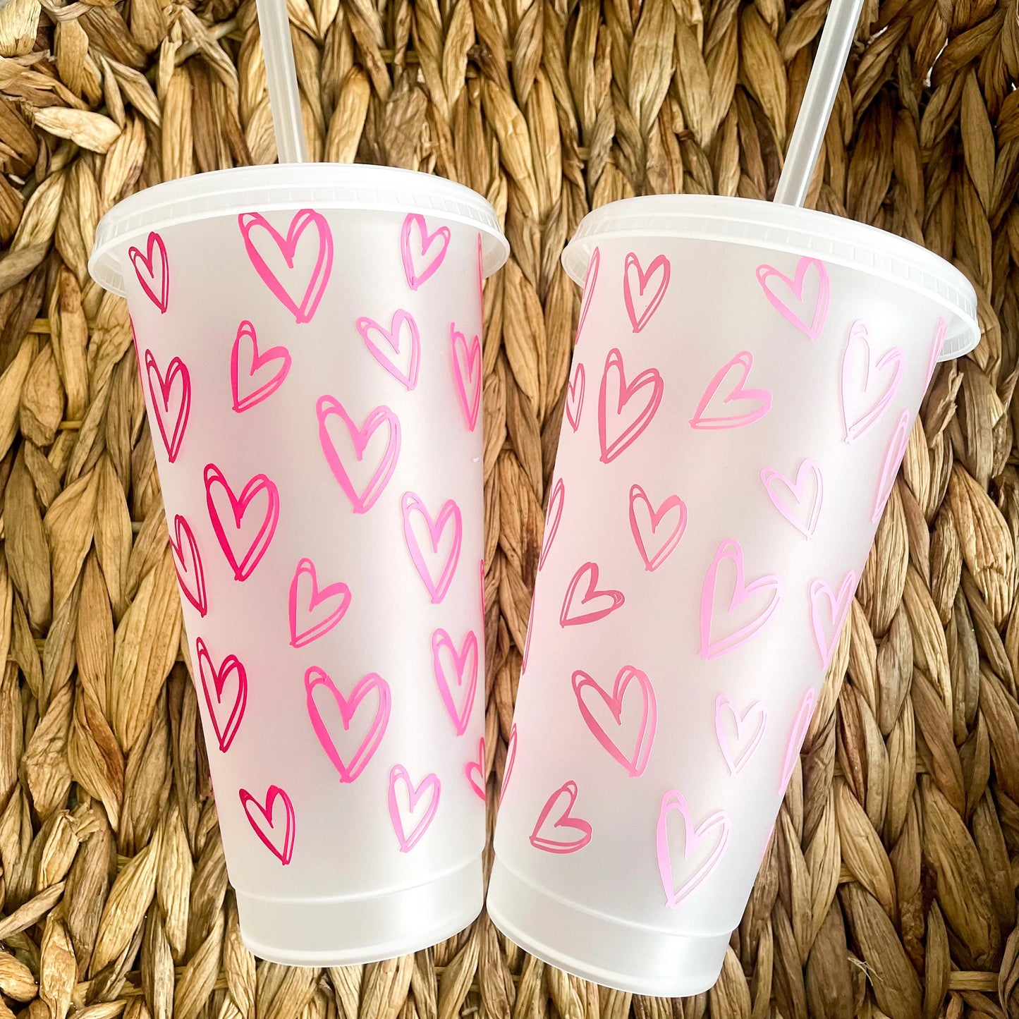 Reusable Cold Cup with pink hearts, Iced coffee cup, tumbler with lid and straw, Coffee mug with hearts, Custom drinkware, gift for her
