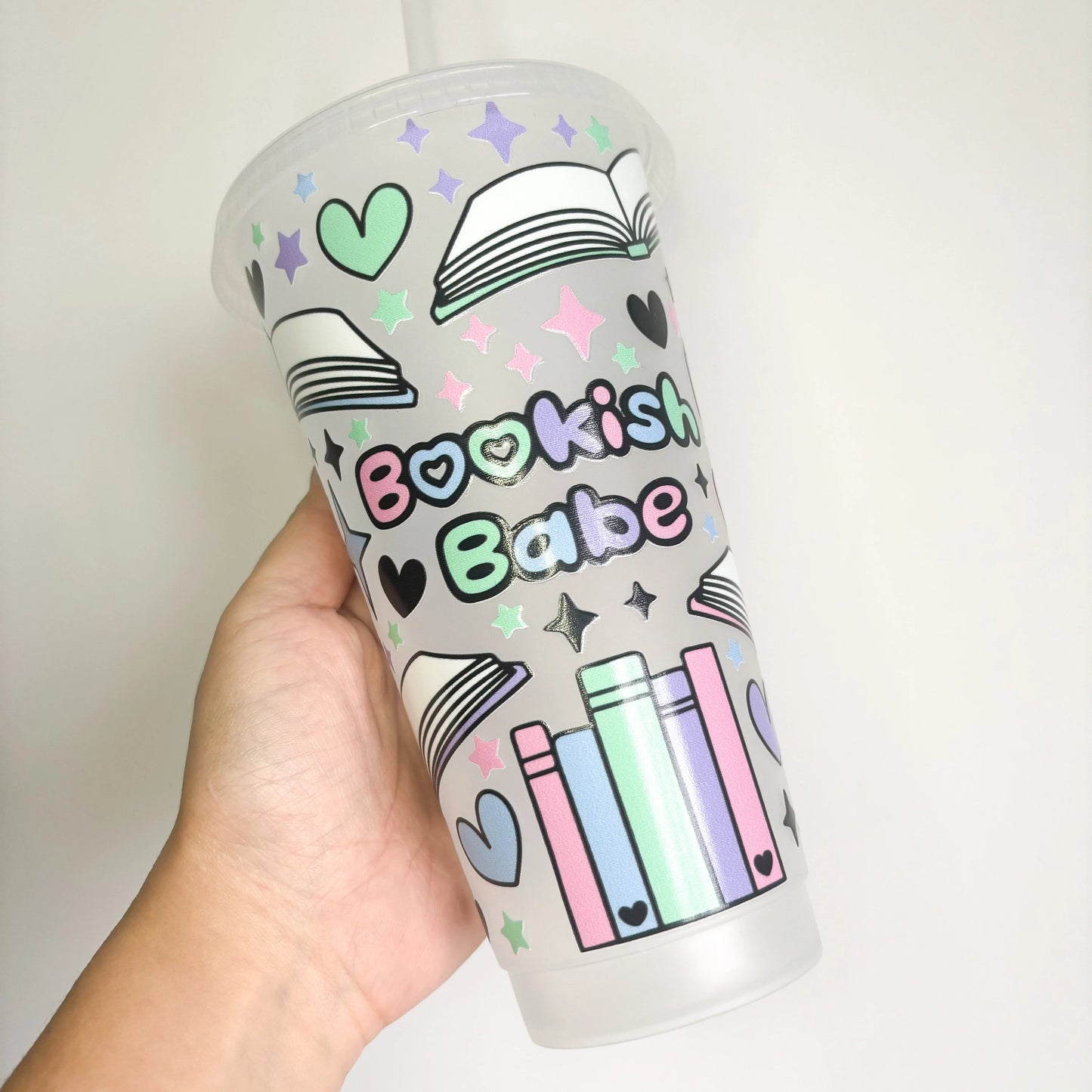24oz Book Themed Reusable Cold Coffee Cup - Book Lover Gift with Lid and Straw