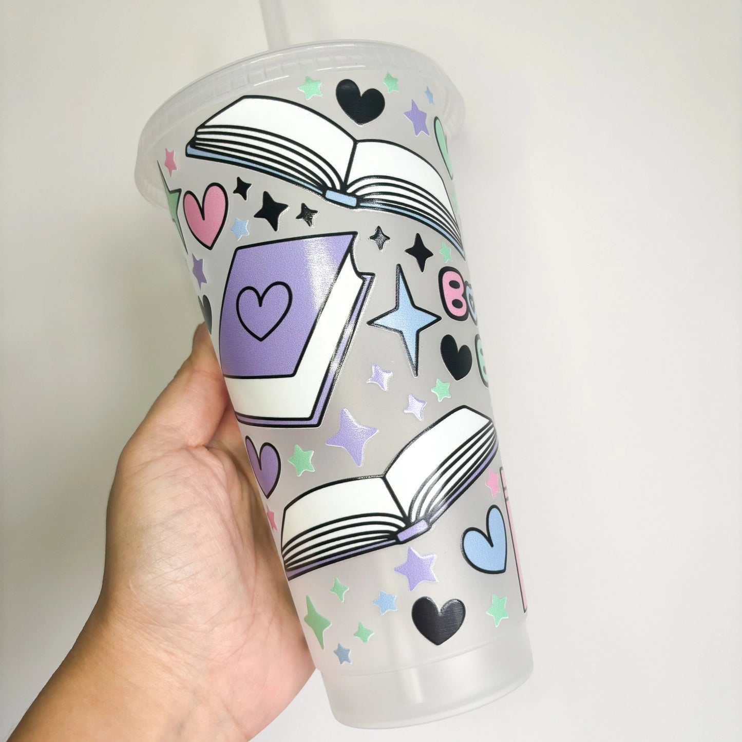 24oz Book Themed Reusable Cold Coffee Cup - Book Lover Gift with Lid and Straw