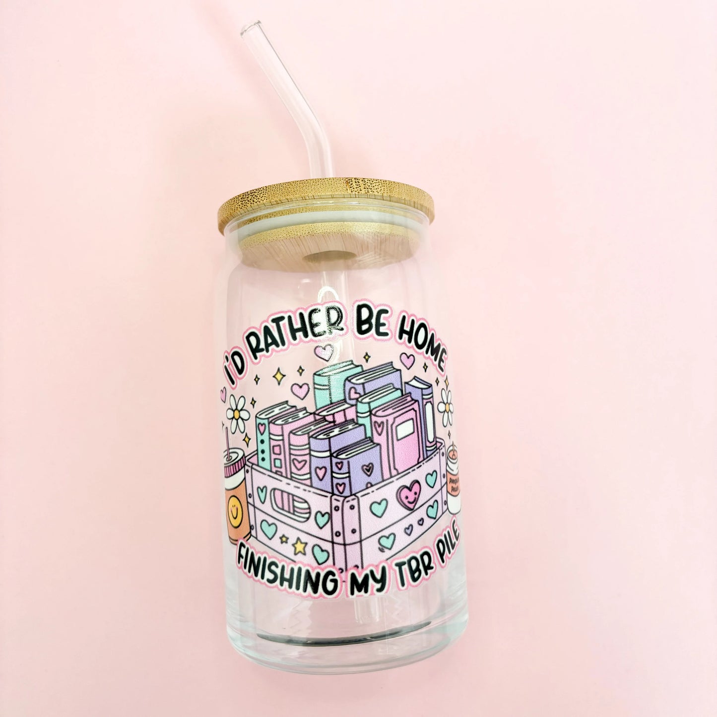Book Theme Glass Can - 16oz TBR Pile Reusable Cup