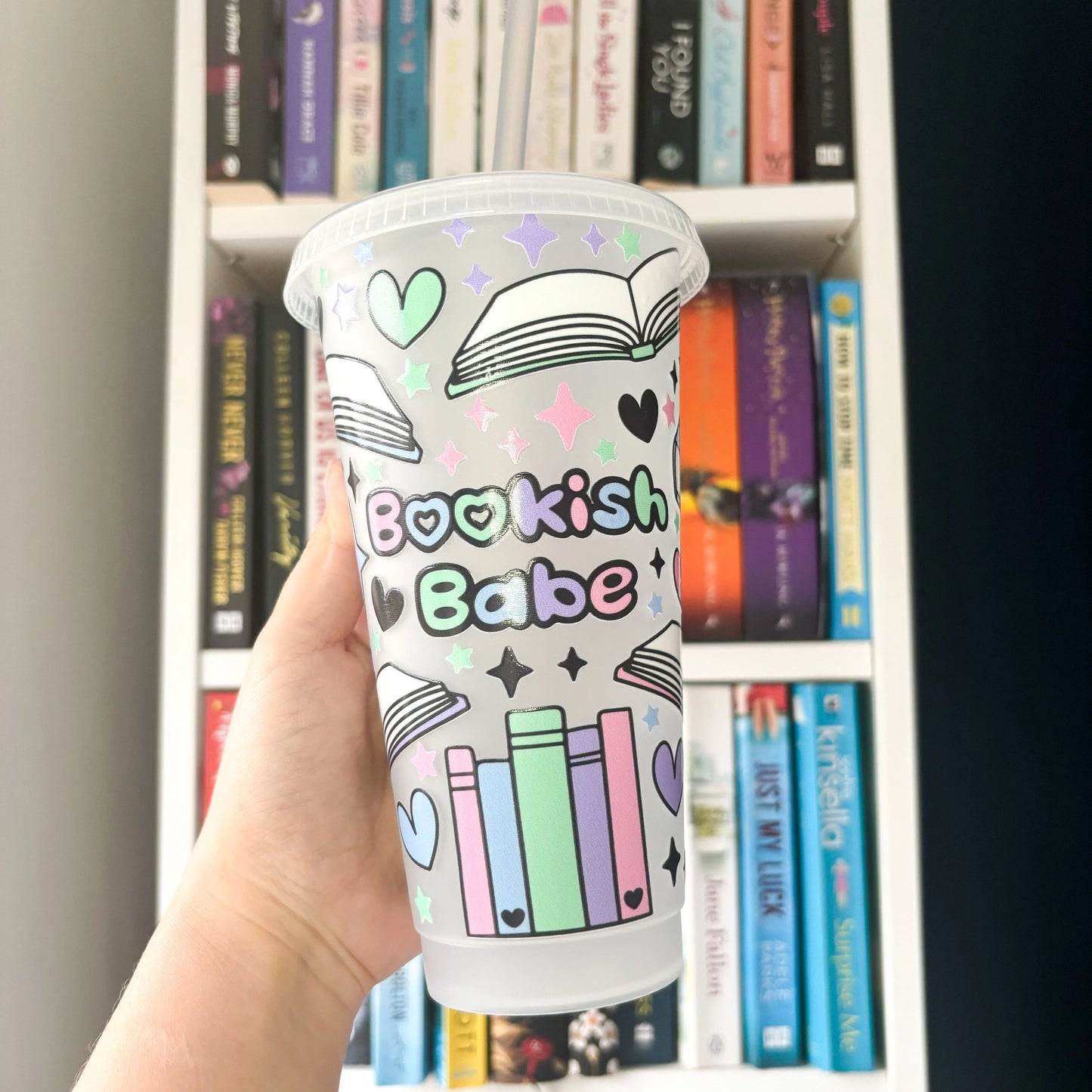 24oz Book Themed Reusable Cold Coffee Cup - Book Lover Gift with Lid and Straw