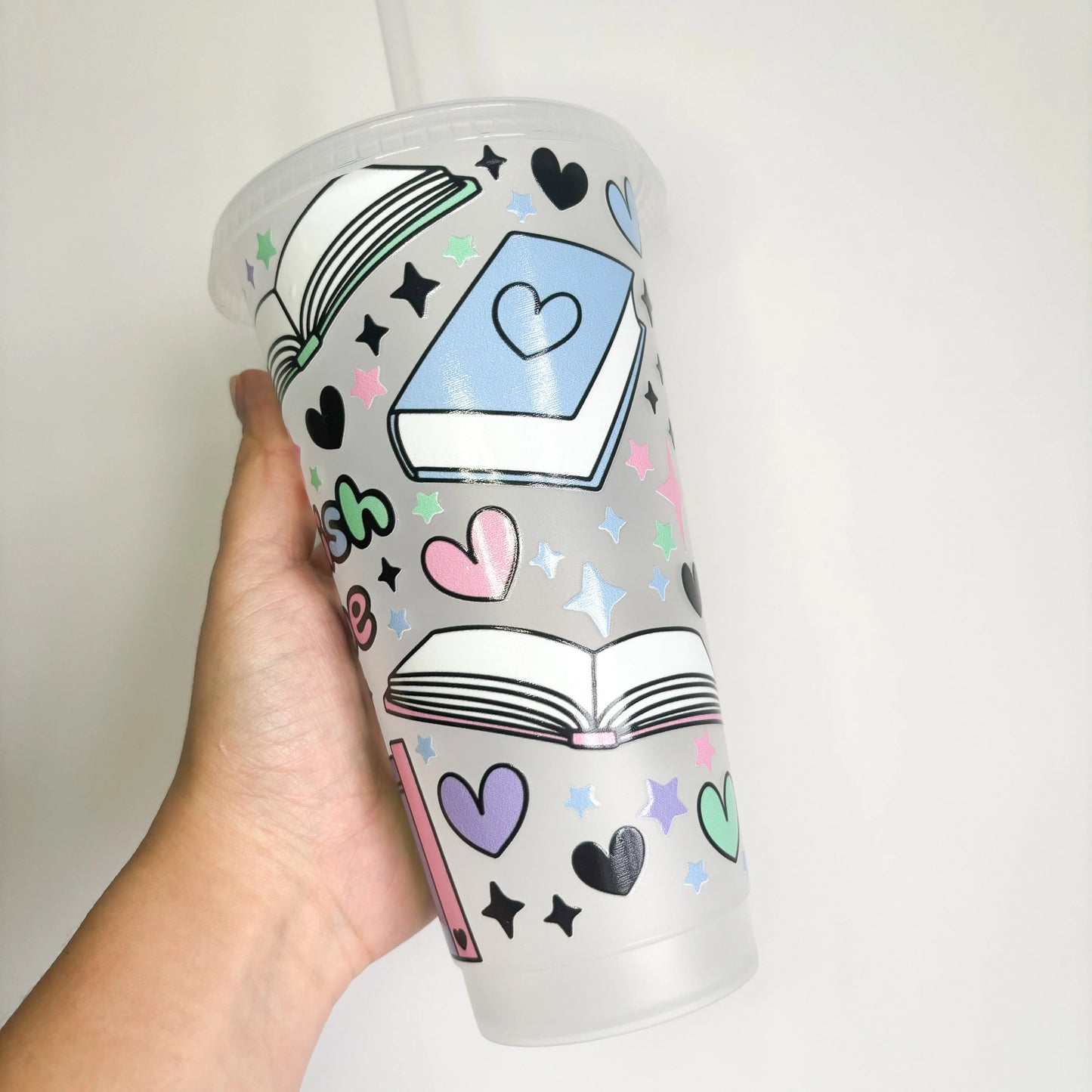 24oz Book Themed Reusable Cold Coffee Cup - Book Lover Gift with Lid and Straw