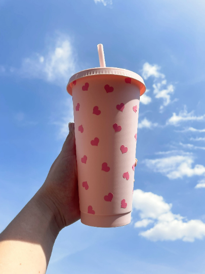 24oz Reusable Cold Cup with Hearts Design - Customisable Tumbler with Lid and Straw