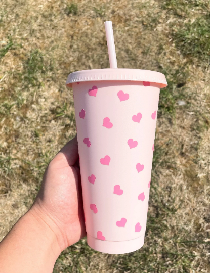 24oz Reusable Cold Cup with Hearts Design - Customisable Tumbler with Lid and Straw