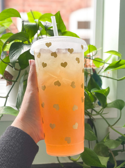 24oz Reusable Cold Cup with Hearts Design - Customisable Tumbler with Lid and Straw