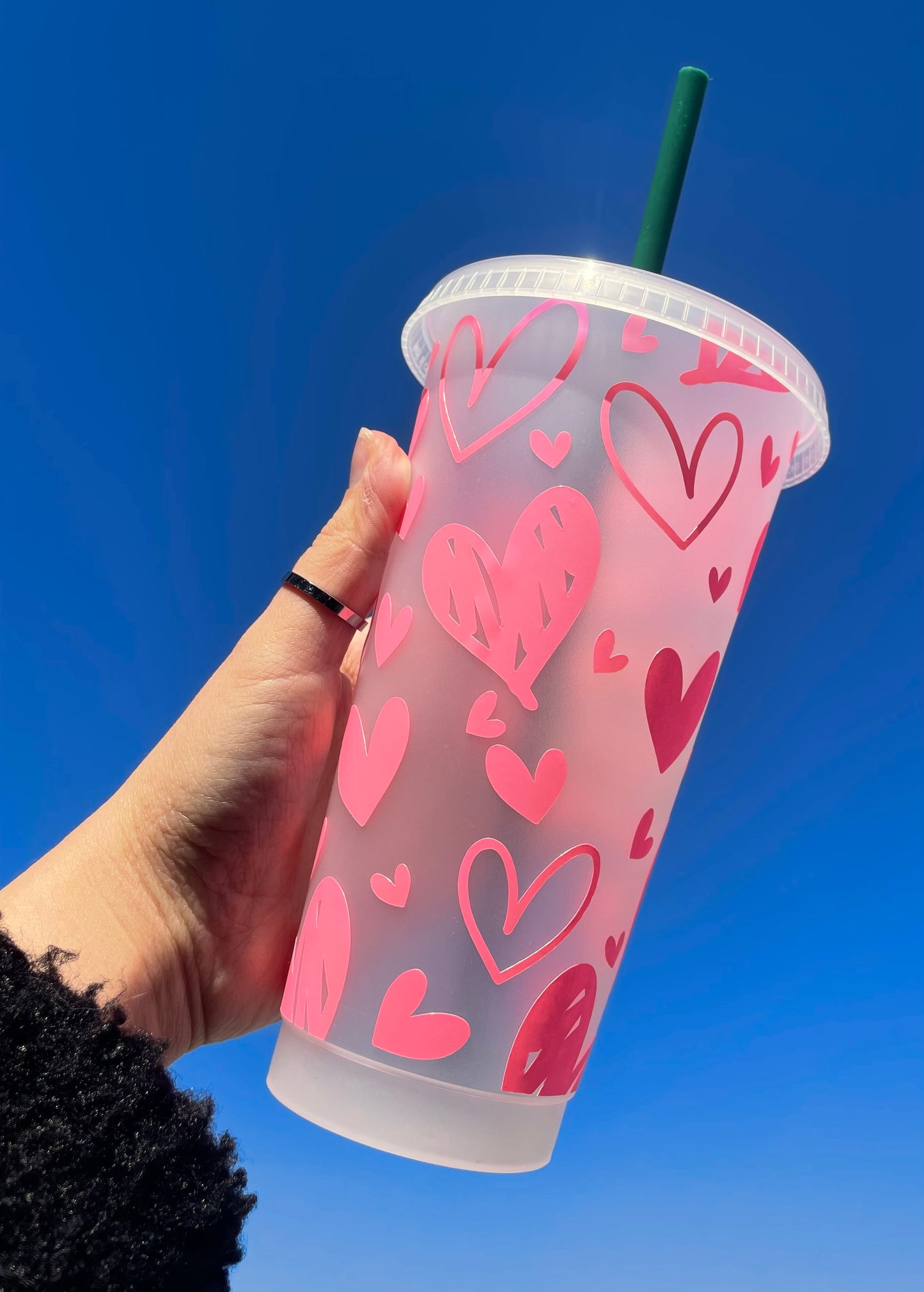 24oz Reusable Cold Coffee Cup with Hearts Design - Tumbler with Lid and Straw