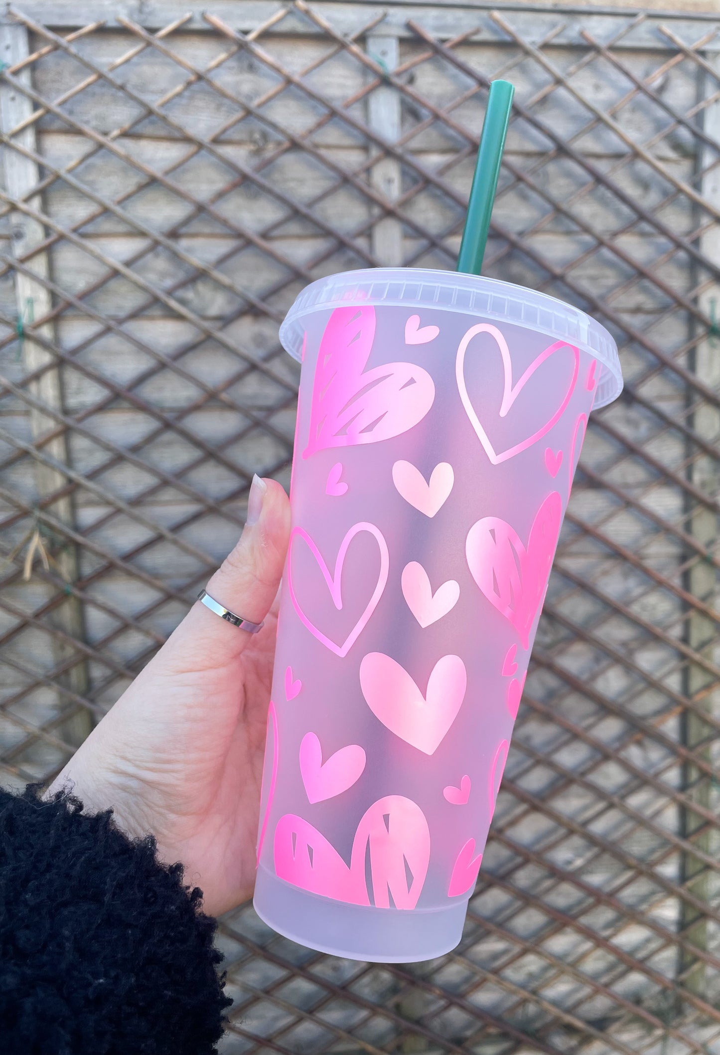 24oz Reusable Cold Coffee Cup with Hearts Design - Tumbler with Lid and Straw