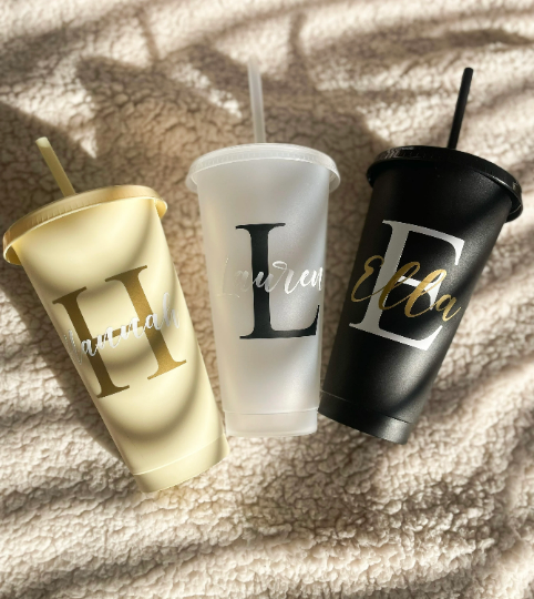 24oz Personalised Reusable Cold Coffee Cup with Name - Custom Tumbler with Lid and Straw