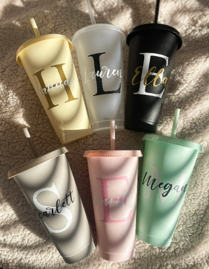24oz Personalised Reusable Cold Coffee Cup with Name - Custom Tumbler with Lid and Straw