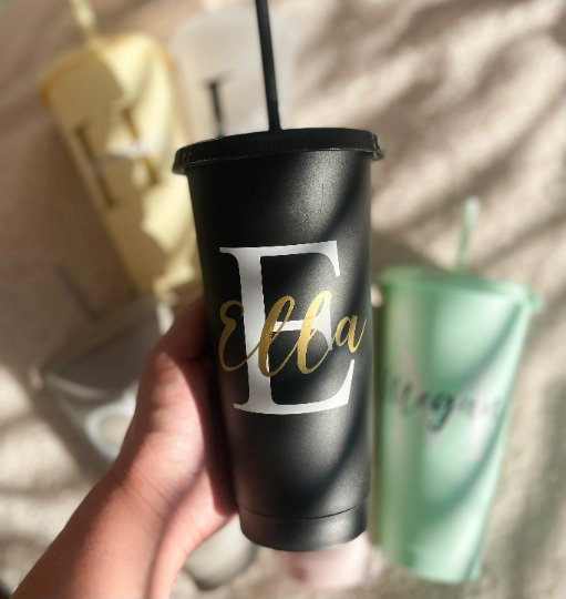 24oz Personalised Reusable Cold Coffee Cup with Name - Custom Tumbler with Lid and Straw
