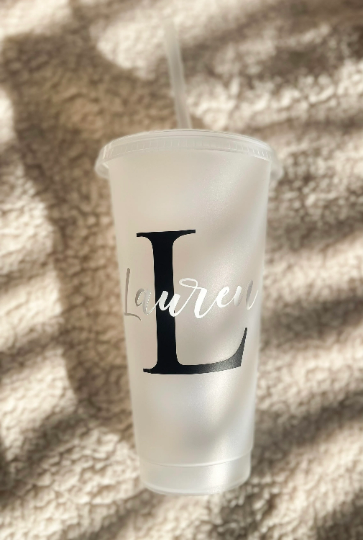 24oz Personalised Reusable Cold Coffee Cup with Name - Custom Tumbler with Lid and Straw